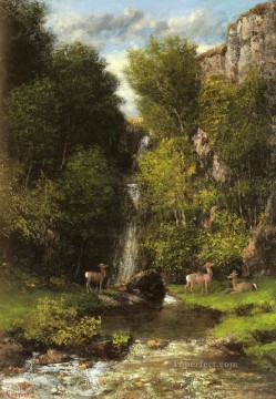  ciervos Arte - Una familia de ciervos en un paisaje con una cascada Pintor realista Gustave Courbet